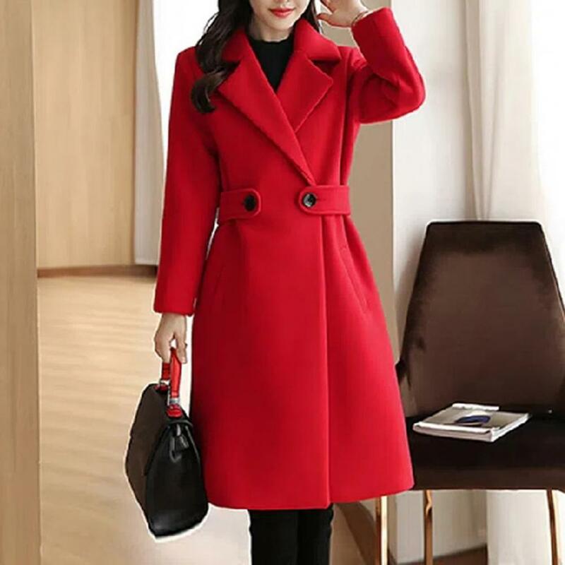 Belted Women Overcoat Stylish Mid-length Women's Overcoat Thick Solid Color Turn-down Collar Belted Button Closure for Fall