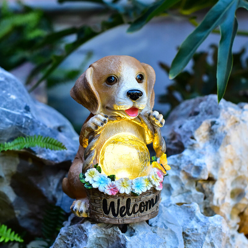 Keranjang anak anjing surya, patung anjing lucu Resin dengan lampu matahari dekorasi luar ruangan taman ornamen patung anjing taman surya