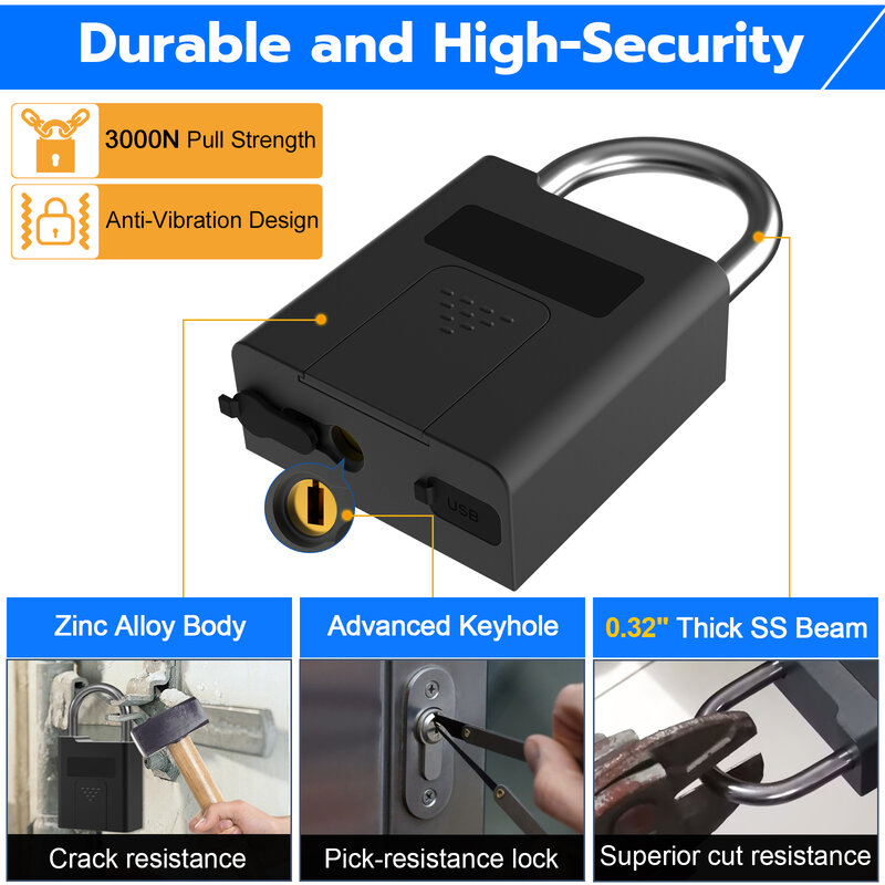 Heavy-Duty Cadeado de impressão digital inteligente, segurança à prova d'água, Quick Identification Unlock, Tipo-C Recarregável Anti-Theft Lock