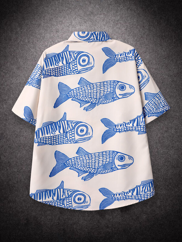المتضخم النمط الأمريكي 2022 الصيف المقلية الشارع موضة الأسماك الصغيرة طباعة جديد شخصية رجالي قمصان غير رسمية