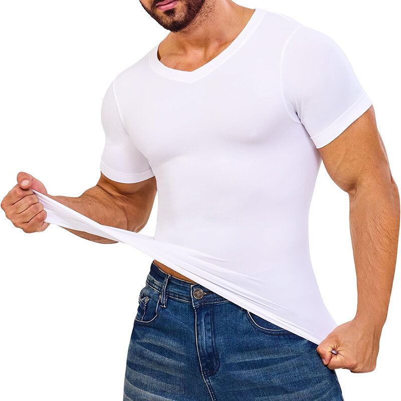 Shaper do corpo manga curta para homens, camisas de compressão com decote em v, camiseta emagrecedora, abdominais e abdominais, tops de controle de barriga