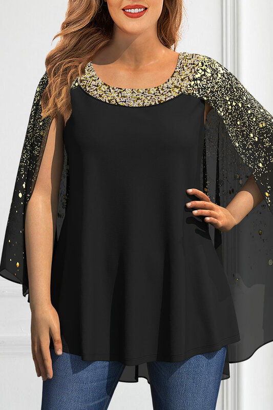 Flycurvy Plus Size Dressy Black Chiffon Sparkly Sequin Bronzing Print Cape Sleeve Blouse