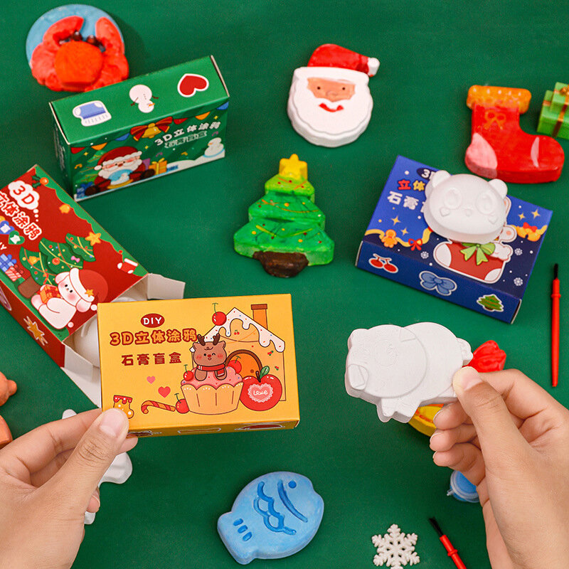 Caja de regalo de yeso de Navidad para estudiantes, juego de papelería, muñeca de yeso de Graffiti DIY, incluye pigmentos de pincel, suministros de regalo de Año Nuevo