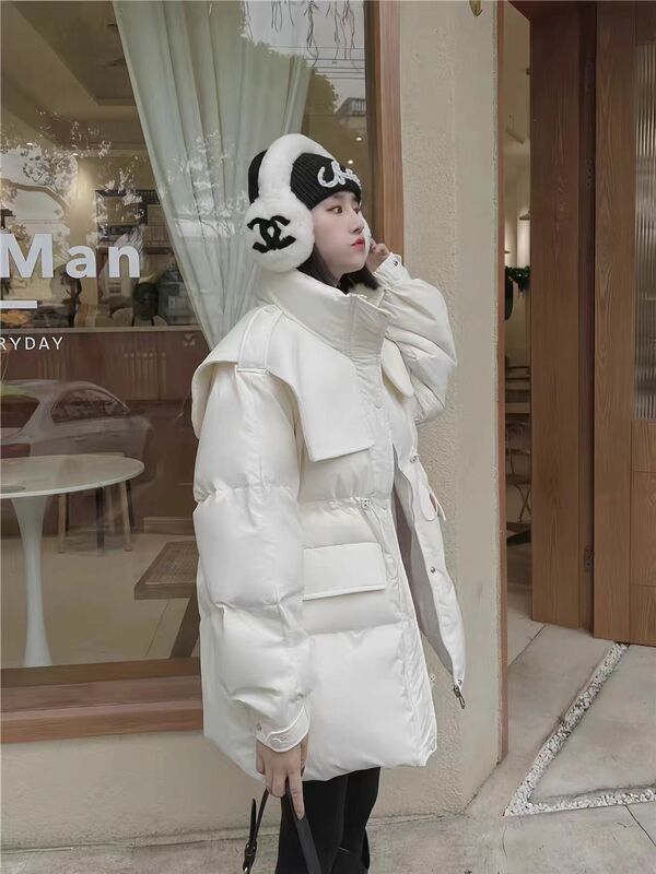 Jaket tambal sulam wol, pinggang longgar dan tebal, versi Korea, jaket bulu angsa putih panjang Medium, gaya musim dingin baru