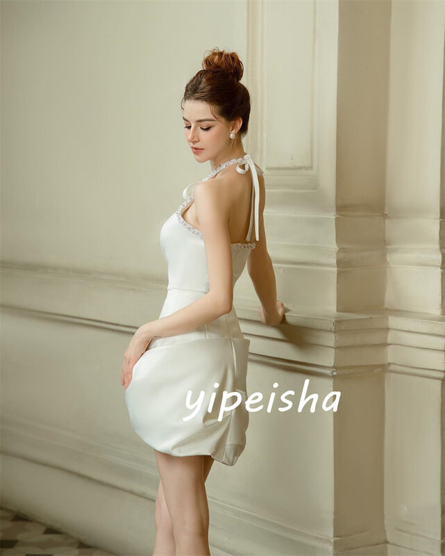 Jiayigong Jersey Pleat Ruched Valentine's Day A-line Halter Bespoke Occasion Gown Short Dresses Sexy Casual 