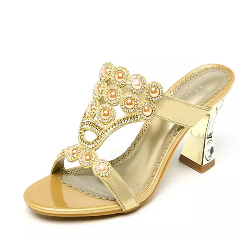 2024 New Summer New Fashion Rhinestones Women's Diamond Sandals Thick High Heel Slippers Non Slip Banquet Comfort Beach Shoes