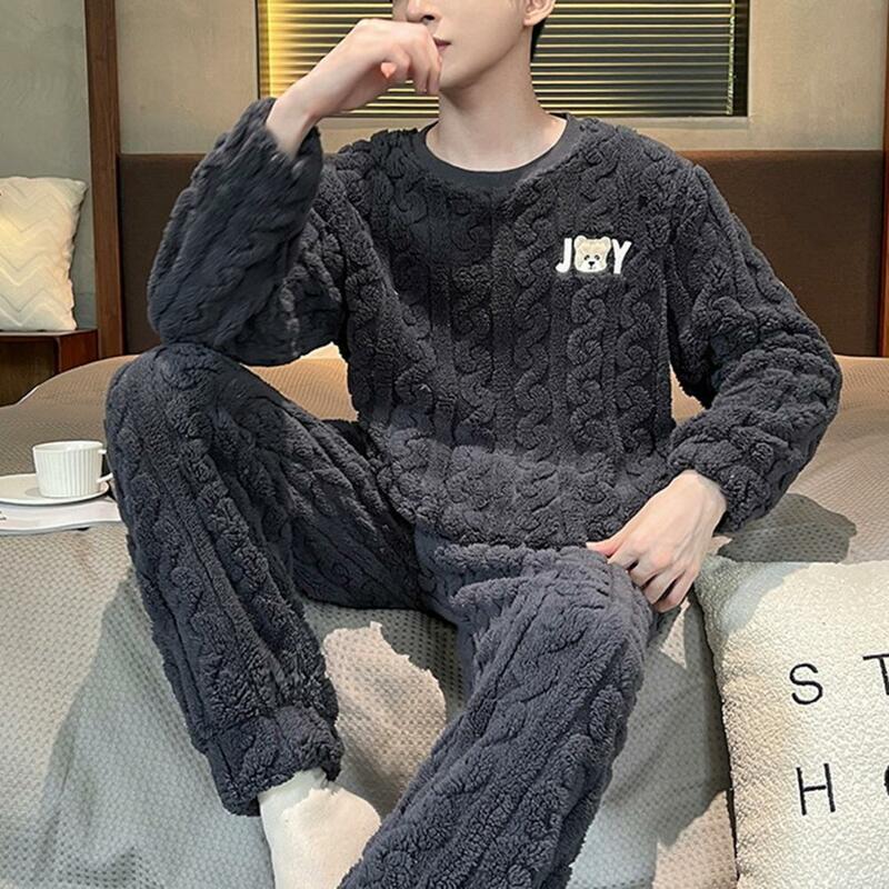 Утепленный домашний пижамный комплект, однотонный пижамный комплект, мужской зимний пижамный комплект с круглым вырезом и длинным рукавом, плотная эластичная скрученная текстура
