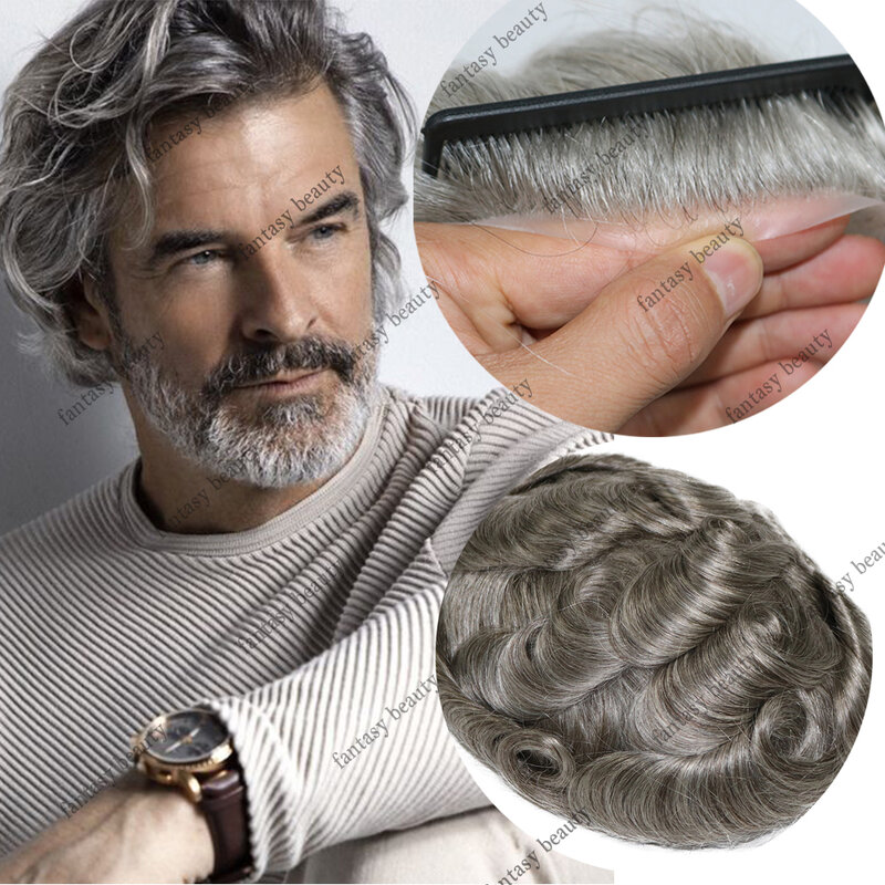 Natural Hairline Grey 1B80 1B65 Durable Thin Skin Toupee For Man Waterd Wave Men's Human Wig Transparent PU Replacement System