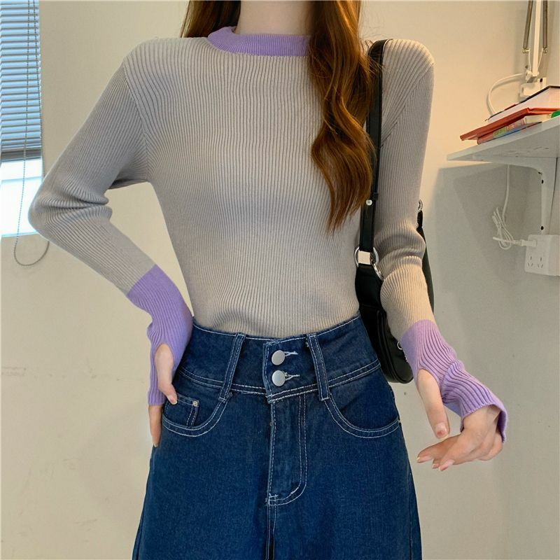 Swetry Slim dla kobiet w stylu Vintage patchworkowy projekt jesień Harajuku 5 kolorów swetry z długim rękawem na co dzień prosty nowy moda