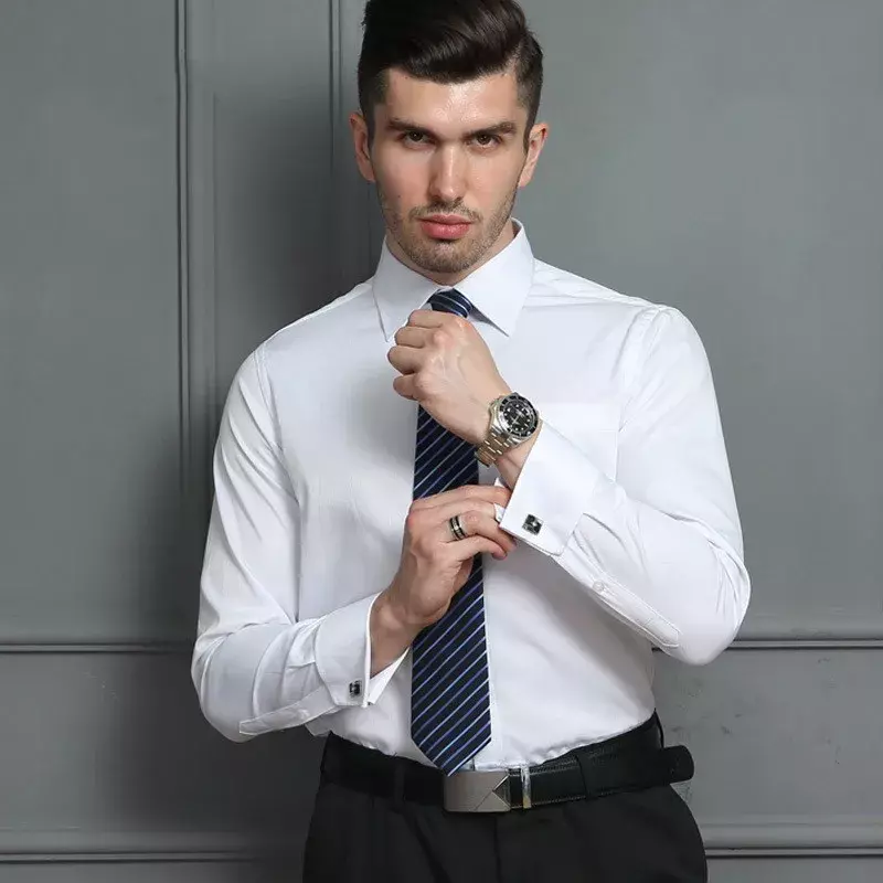 2024 uomini polsino francese vestito camicia gemelli nuovi bottoni Casual manica lunga bianchi camicie di marca maschile vestiti dalla vestibilità regolare