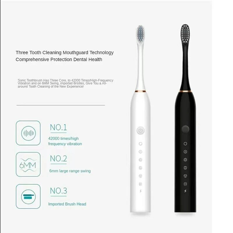فرشاة أسنان كهربائية ذكية قابلة للشحن USB ، تنظيف الأسنان ، تبييض فرشاة الأسنان الصوتية ، فرشاة الأسنان توقيت مع رؤساء استبدال