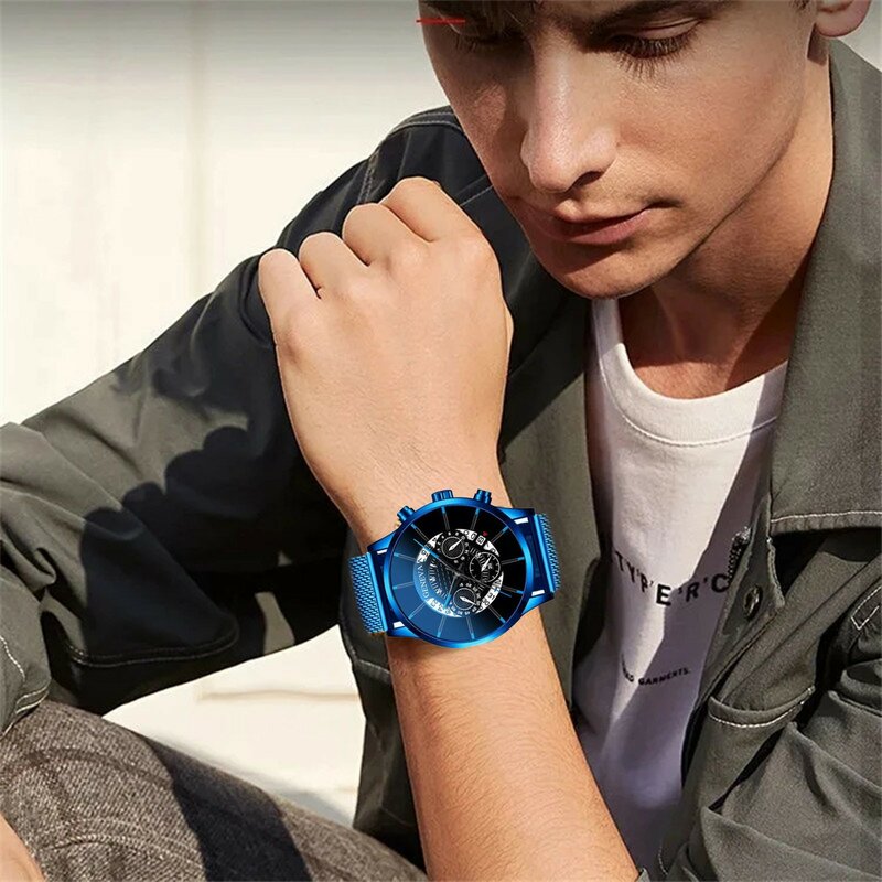 Modne zegarki męskie wysokiej jakości zegarek kwarcowy siatka ze stali nierdzewnej zegarek na pasku Relogio Masculino