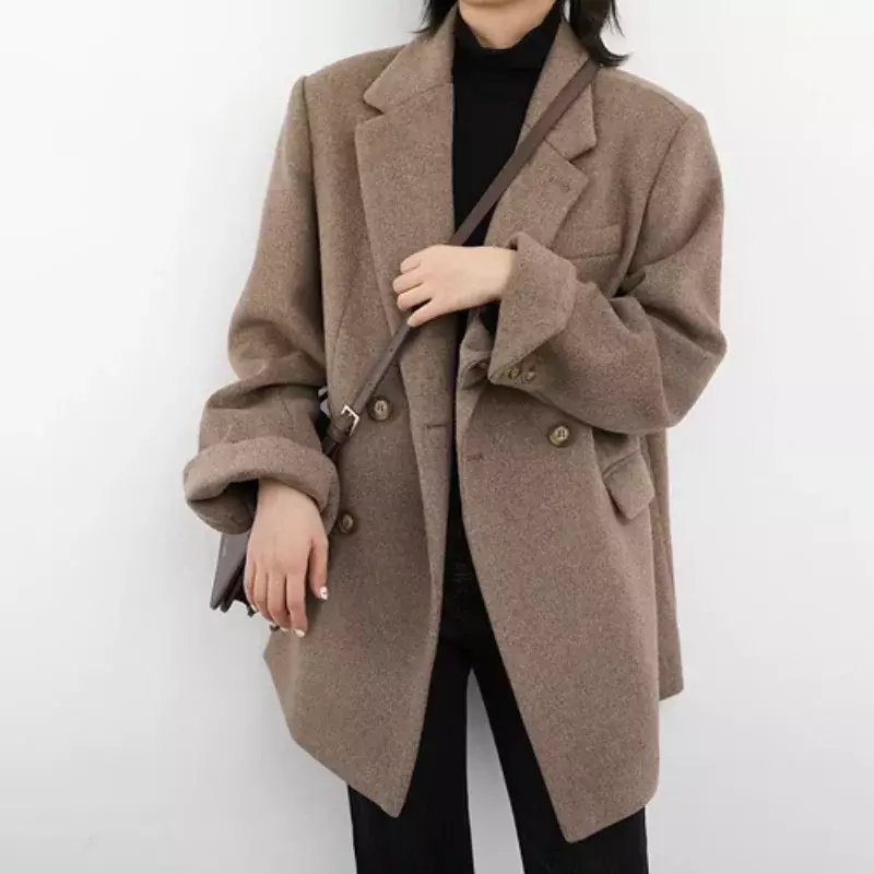 Boreathiman-Manteau en mélange de laine pour femme, blazer en laine mi-long, blouse optique, pardessus chaud pour femme, monochrome, automne, hiver