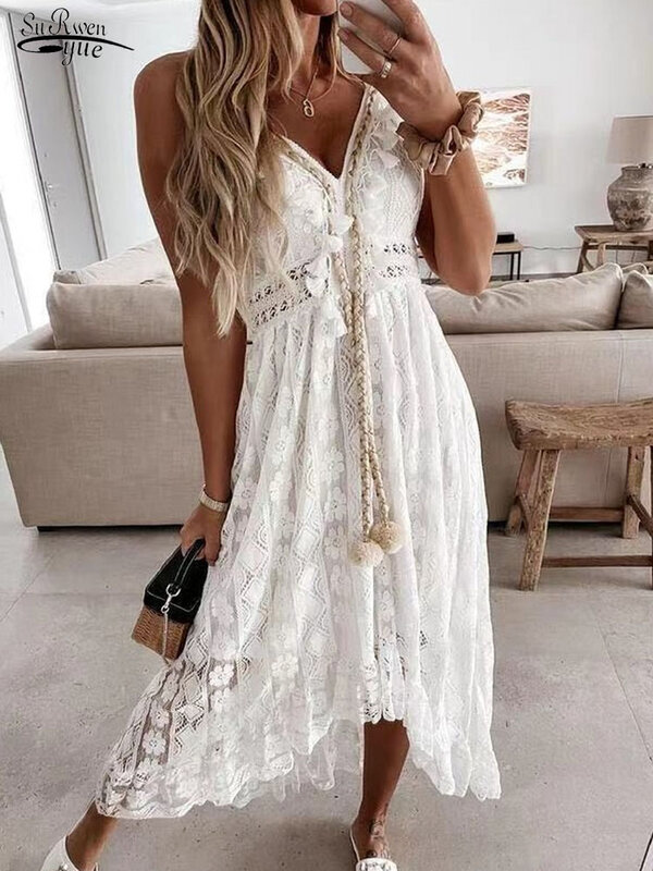 Summer Boho Lace Maxi Dress for Women Holiday Elegant Lady V Neck Spaghetti Strap Sundress White Dress Vestidos De Mujer 22194