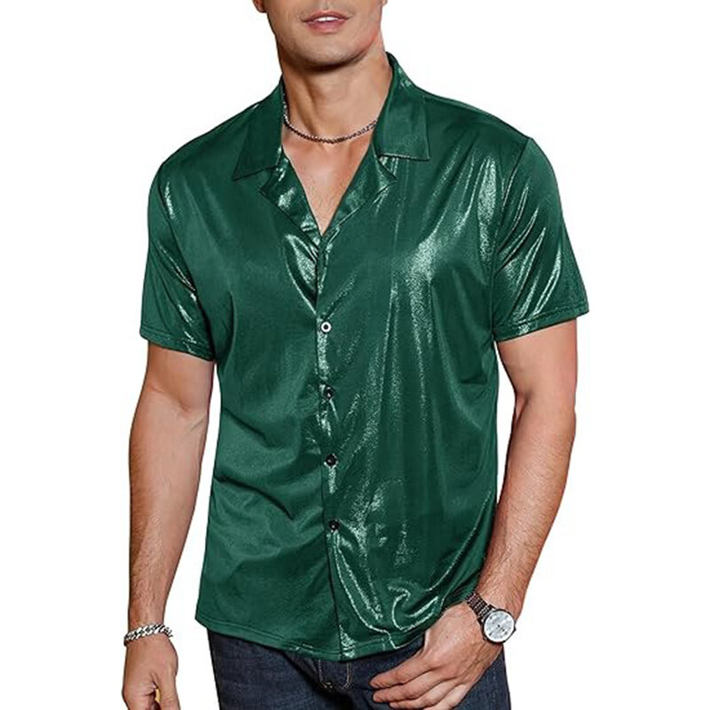 Camiseta de manga curta regular de poliéster masculina, tops monocromáticos de lapela, alongamento leve, tops masculinos de festa de férias, S-2XL, 1pc
