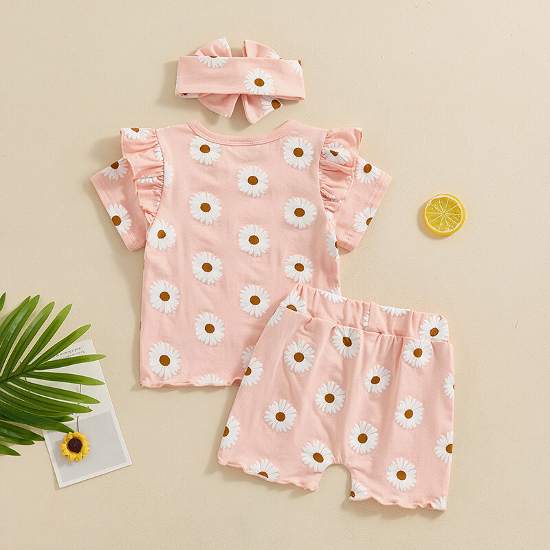 Lioraitiin Musim Panas 2024-03-25 pakaian bayi perempuan motif bunga kaos lengan pendek dan celana pendek bando lucu Set 3 potong baju