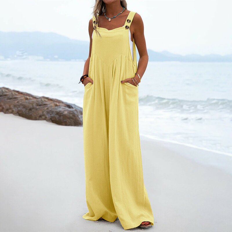 2024 Spring And Summer New Ethnic Style Fashion Solid Color Wide Leg Jumpsuit Plus Size Loose Casual Button Suspender Pants