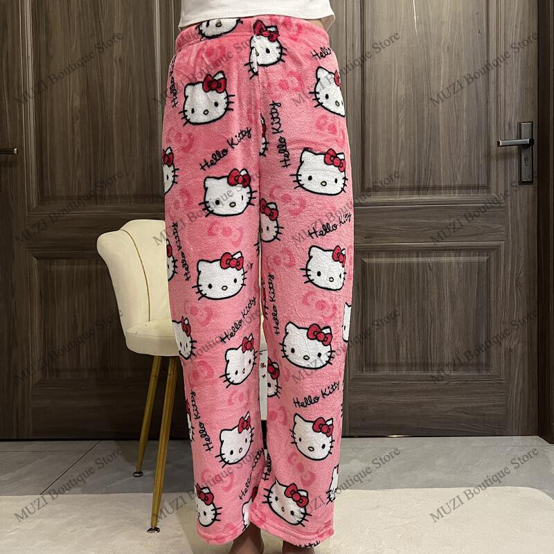 Sanrio-pantalones de Hello Kitty para mujer, Pijama de terciopelo Coral, elásticos, suaves, cómodos, para el hogar, regalos