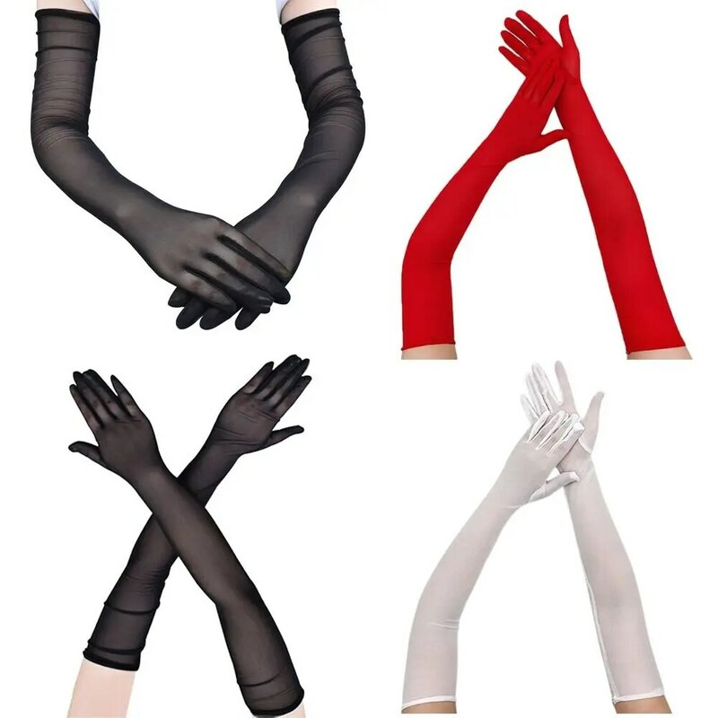 Black Party Dress Driving Car Glove Long Finger Anti-UV Elasticity Mittens Sunscreen Mittens Ultra-Thin Gloves Mesh Gloves