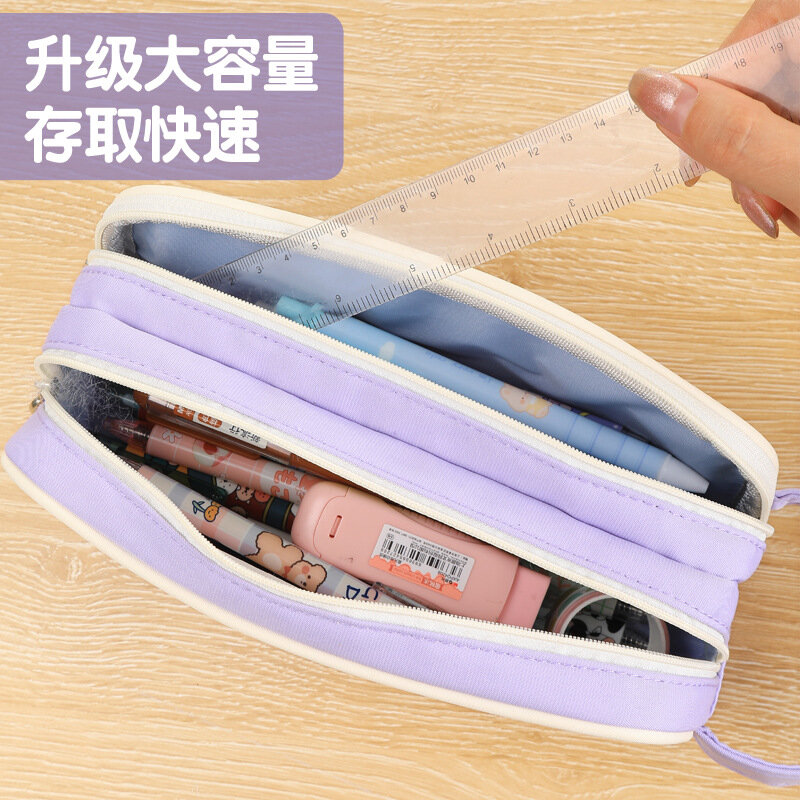 حقيبة إبداعية من 3 طبقات للطالب ، أزياء كورية بسيطة ، حقيبة أقلام رصاص بلون واحد ، حقيبة قرطاسية عالية السعة ، قطعة واحدة