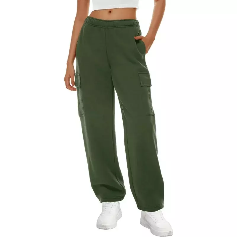 Celana olahraga kargo wanita, celana olahraga kasual longgar warna polos elastis pinggang tinggi Gym dengan saku YDL35