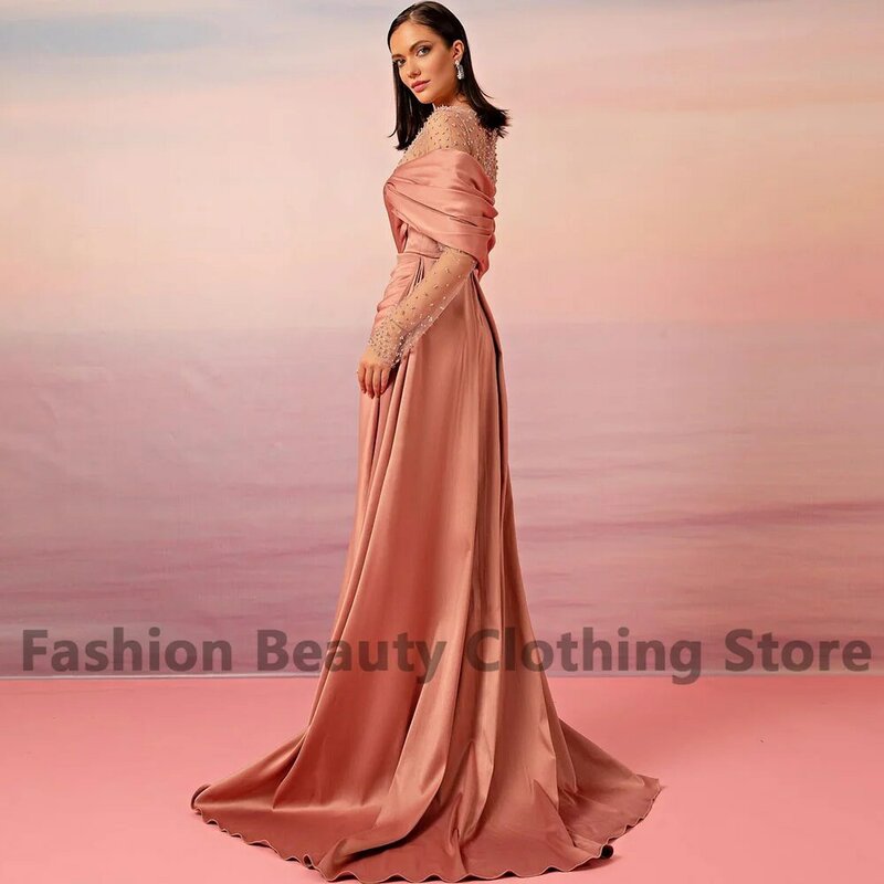 Elegancka damska suknia wieczorowa z wycięciem z koralikami drapowana z długim rękawem syrenka dubajska damska suknia wieczorowa formalna okazja dworska