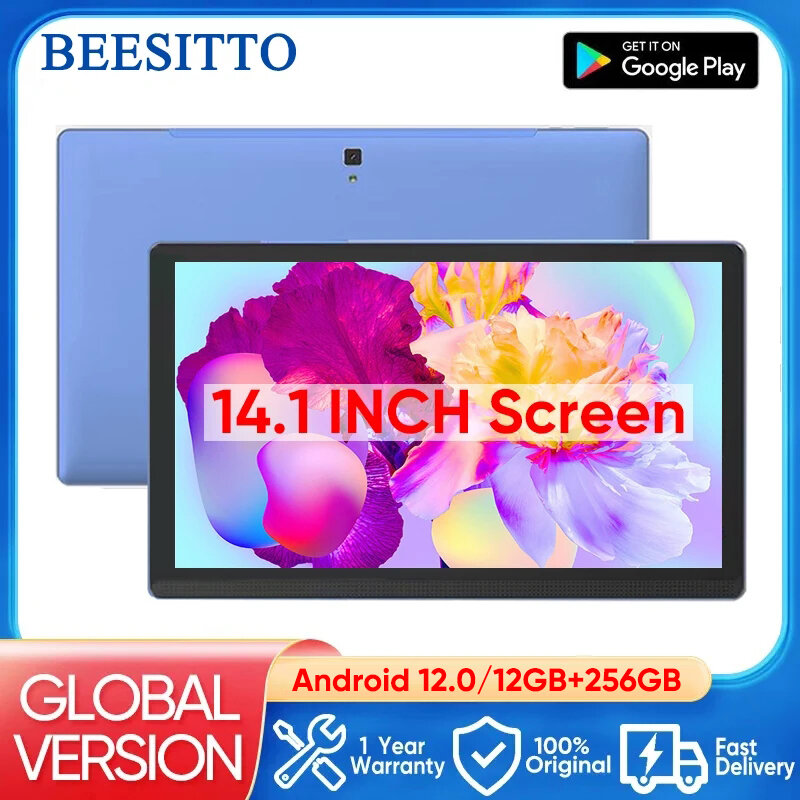 Super 12Gb + 256Gb Groot Scherm 14.1 Inch Tablet Pc Android 12 Bluetooth 4G Telefoontje 5G Wifi Pad Kids Leren Tabblad Muziek