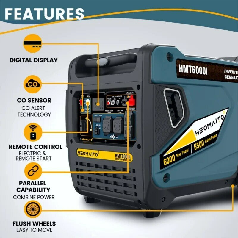 Portable Inverter Generator 6000W Remote Electric Start Ultra Quiet Gas Powered with Wheel & Handle Kit, CO Sensor Digital D