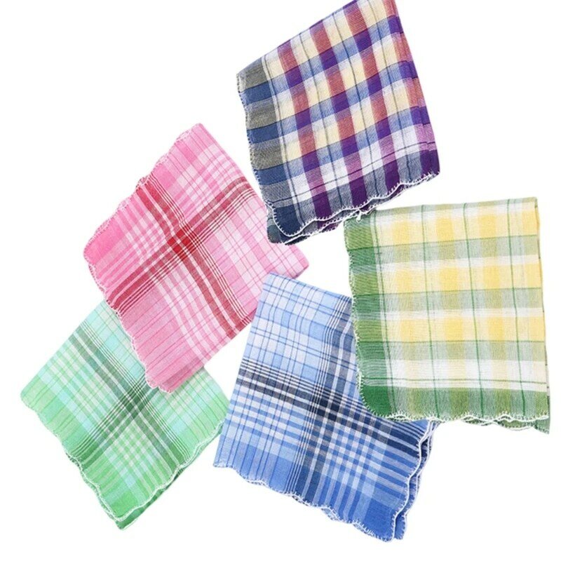 Cotton Checked Handkerchief Towel for AllAge Big Bandanas Towel Facecloth Women Man Sweat Wipe Towel Accessories 5PCS