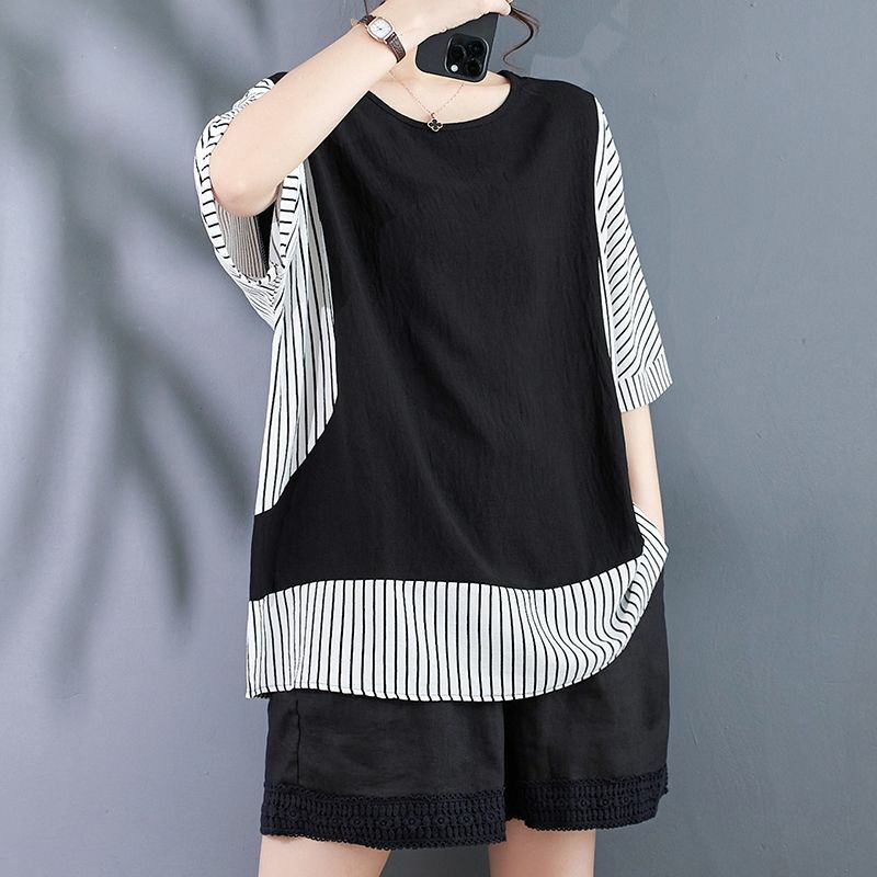 Minimalist Summer Polo Neck Women's Cotton Hemp Striped Patchwork Fashion Casual Short Sleeve Loose Fake Two Pieces T-Shirts Top