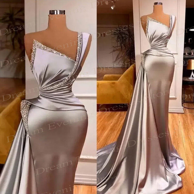 Женское вечернее платье с юбкой-годе, простое серебристое платье на одно плечо без рукавов, 2024