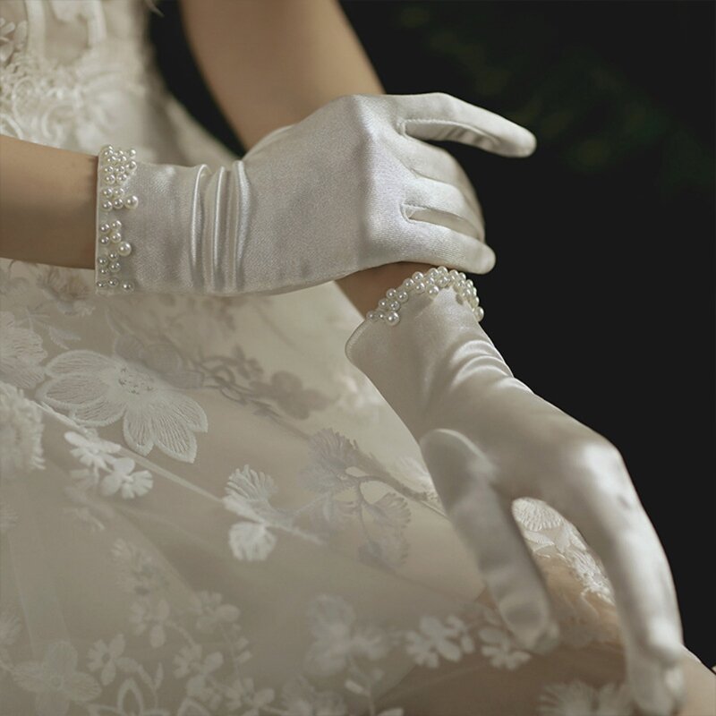 Wedding Bridal Satin Short Gloves Pearl Beaded  Prom Mittens