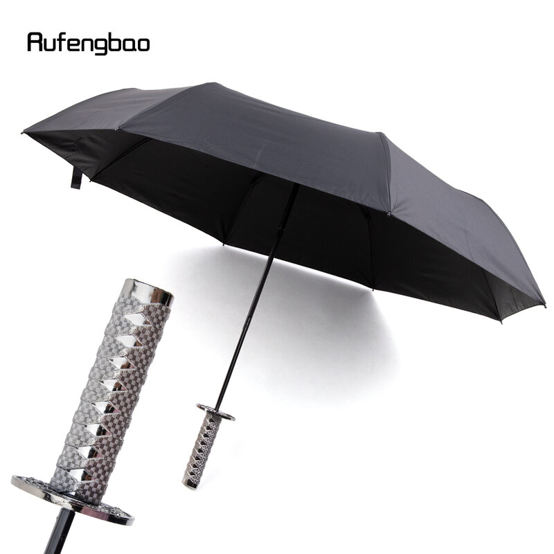 Paraguas plateado de Samurai para hombre y mujer, Paraguas automático, 8 huesos, plegable, protección UV, días soleados y lluviosos, resistente al viento