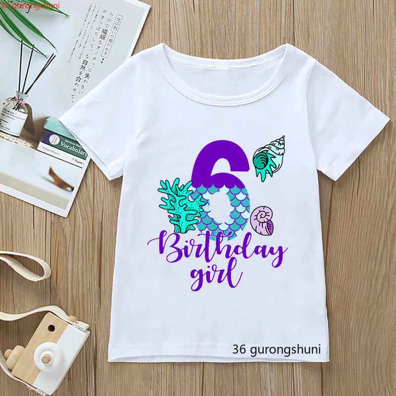 Kaus Anak Perempuan Ulang Tahun Ke-9 Baru Kaus Gambar Cetak Grafis Putri Duyung Lucu Kaus Pakaian Anak-anak Pakaian Mode Atasan Musim Panas