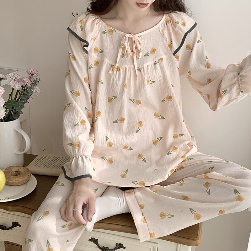 女性のための柔らかい綿の韓国のパジャマセット,長袖のプリントパンツ,カジュアル,パジャマ,春秋,新しい