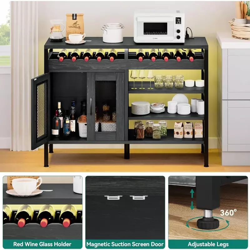Bar cabinet with power socket and LED lights for storing liquor and glasses Industrial coffee bar cabinet Home bar