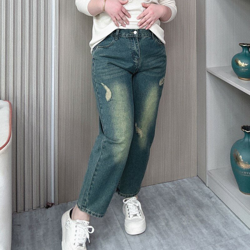 Женские джинсы с завышенной талией, свободные брюки-султанки до щиколотки с дырками, весна-лето 2024