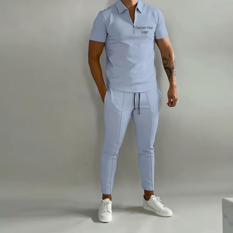 ชุดสูทแบบรัดรูปสำหรับผู้ชายปรับแต่งซิปเสื้อเชิ้ตมีปกพอดีตัวกางเกงลำลองเชือกรูดทันสมัย