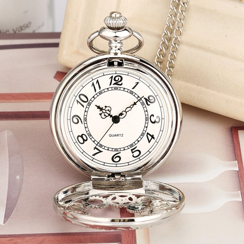 Silver Wheel Reel Hollow Gears Design Necklace Quartz Pocket Watch Sweater Chain Stars Pendant FOB Clock with Gear Accessory