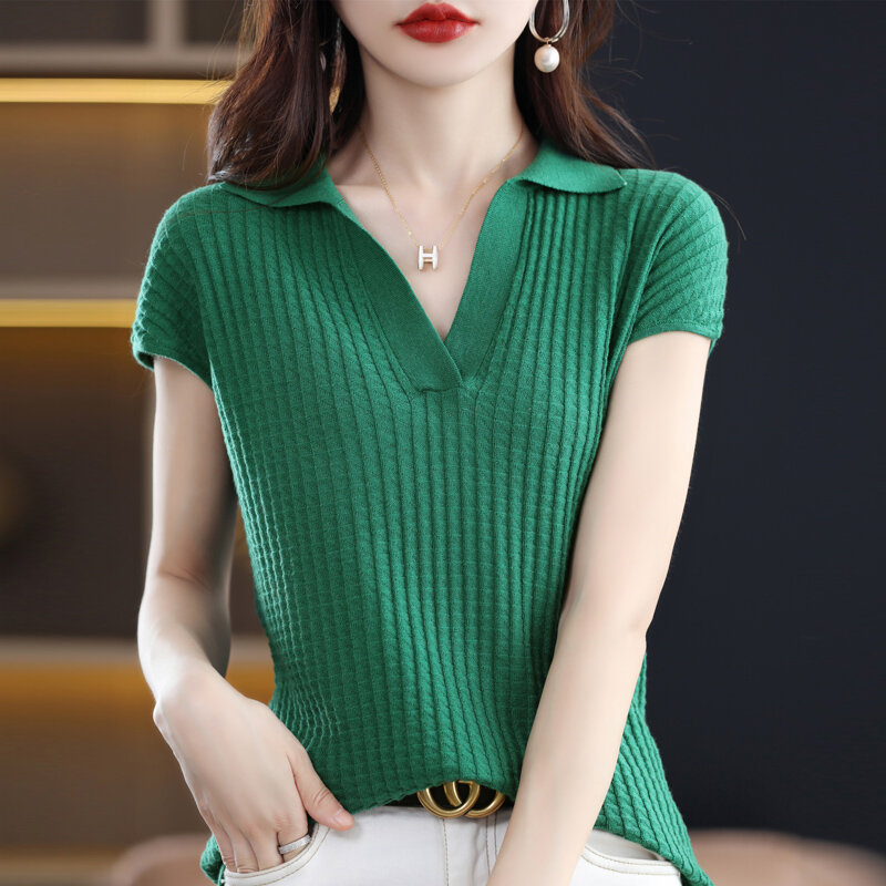 2022 Spring and Summer New Cashmere Sweater Polo collar Women's Short sleev Knitted Sweater Loose Thin Pullover Short-Sleeved