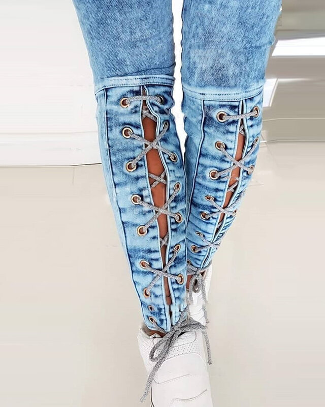 Jeansy damskie spodnie ołówkowe Bodycon z wysokim stanem Casual długie spodnie dżinsowe krawat Y2k spodnie wiosenne 2024 spodnie ołówkowe