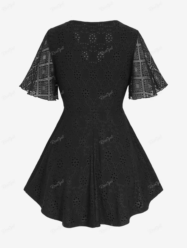ROSEGAL Plus Size Jacquard Tops New Black Plaid Lace Flutter Sleeve Lace-up Butterfly Zipper Eyelet Hollow Out T-Shirts