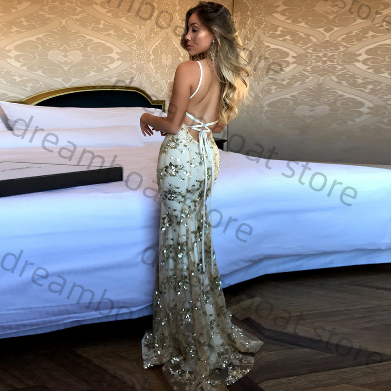 Amazing Mermaid Formal Evening Dresses Tulle Sexy V Neck Sleeveless Shinny Sequins Wedding Party Proms Gowns For Women Backless