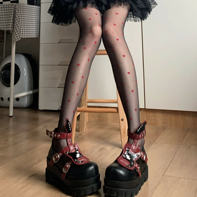 JK Lolita-medias altas hasta el muslo para mujer, medias de nailon ultrafinas con estampado de corazón, estilo japonés
