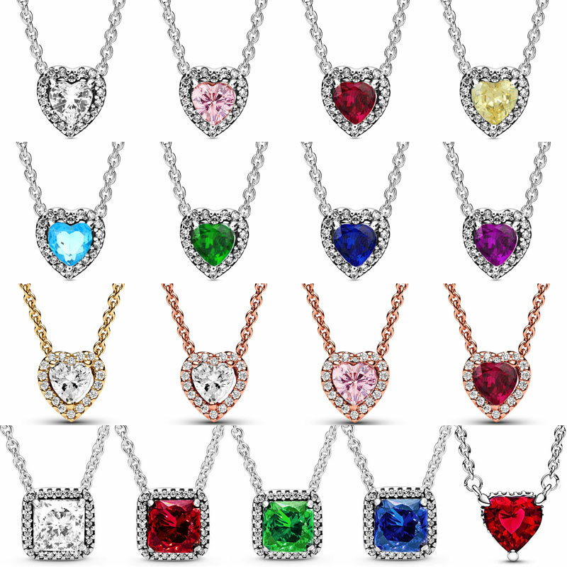 Multicolored Sparkling Elevated Heart Square Sparkle Collier Necklace For Europe 925 Sterling Silver Bead Charm Diy Jewelry