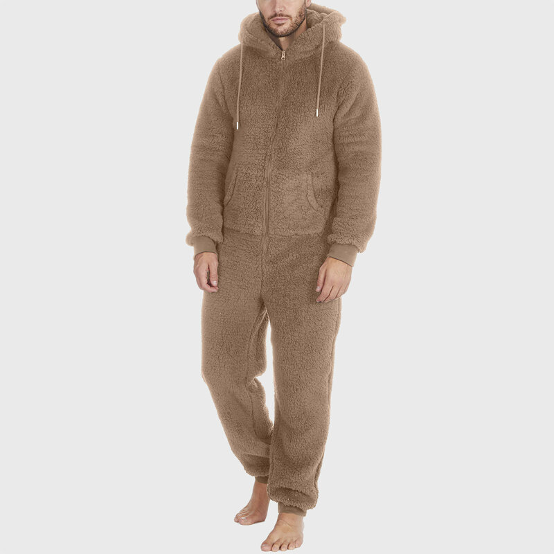 Mono de pijama de lana Artificial para hombre, ropa de dormir de manga larga con capucha, de lana cálida, para invierno