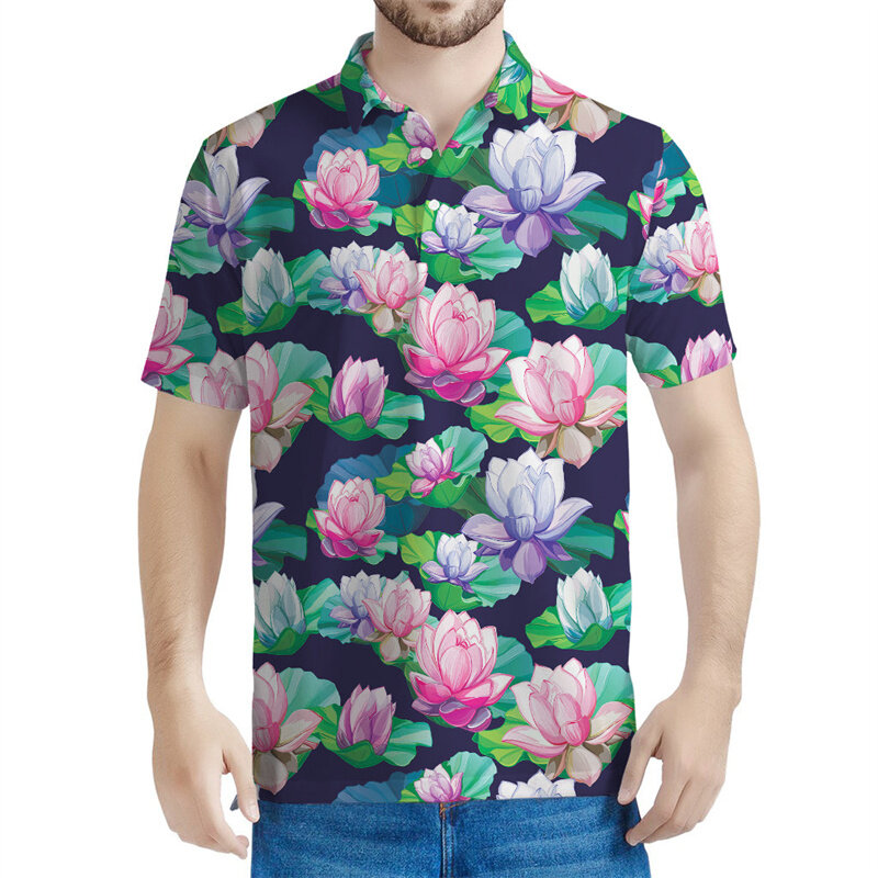 เสื้อโปโลลายดอกบัวลาย3D ของผู้ชายเสื้อยืดลายดอกไม้ติดกระดุมบนถนนลำลองแขนสั้นมีปกสำหรับฤดูร้อน