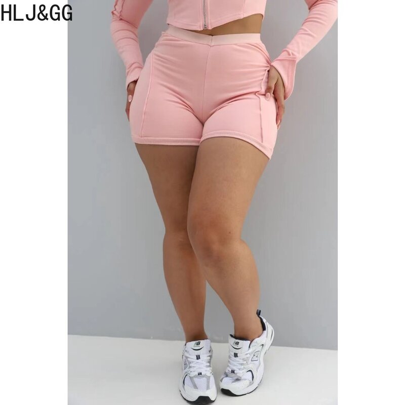 HLJ & GG pakaian olahraga wanita, set dua potong atasan Crop lengan panjang ritsleting dan celana pendek kasual warna polos untuk perempuan