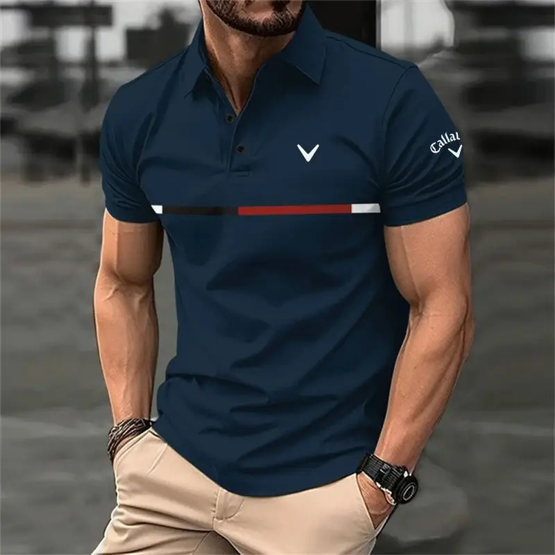 2024 Men's quick drying golf club Polo shirt, chest three color printing, 3D printing, summer golf T-shirt, button T-shirt