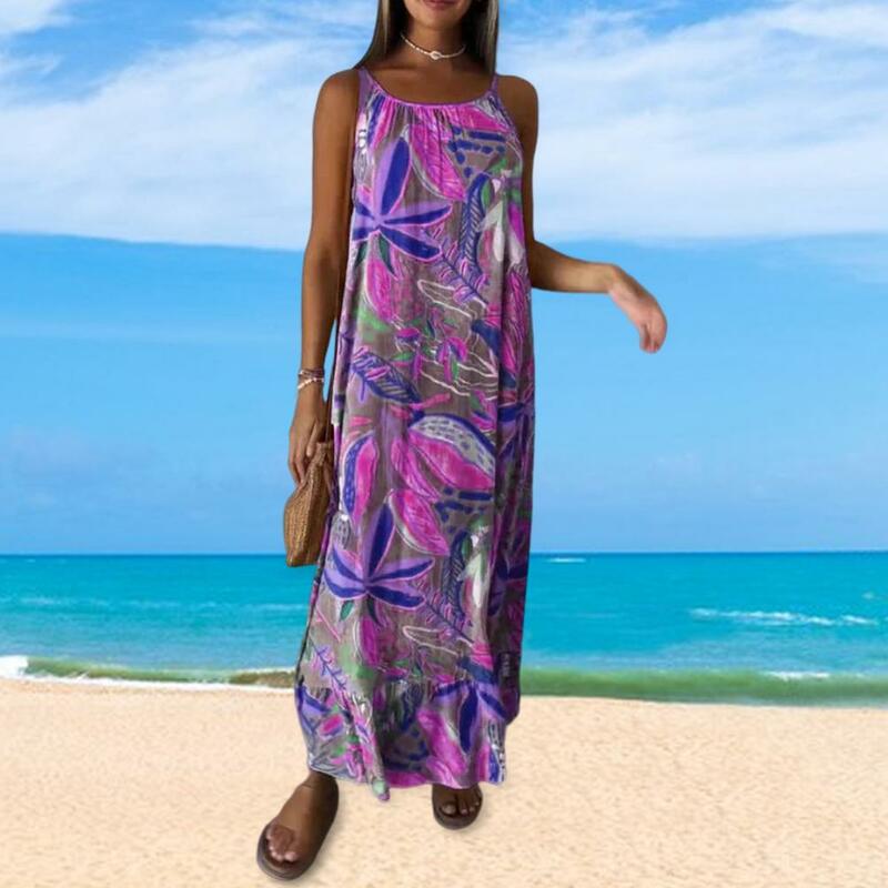 Loose Summer Women Dress Sleeveless Backless O Neck Dress Leaf Printing Bohemian Style Ankle Length Vacation Beach Maxi Dress